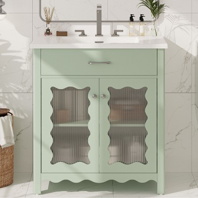 Christopher Knight Home Wiro Modern 31" Bathroom Vanity with Ceramic Sink, Tempered Glass Doors and Adjustable Shelves