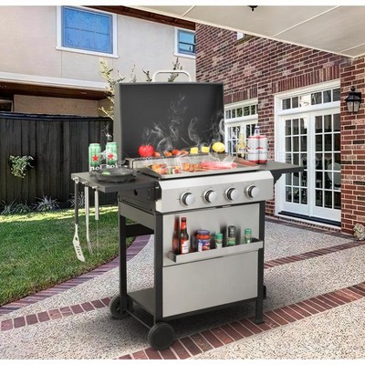 Dolonm 4-Burner 49,200 BTU Gas Grill w/Stainless Plancha & XL Enamel Grids - Foldable Side Tables, 6 Hooks - Outdoor BBQ