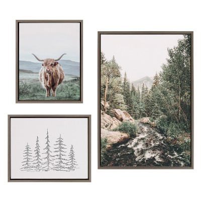 Kate and Laurel Sylvie Meet Me Here, Highland Cow Muted Mountain Landscape and Minimalist Evergreen Trees Sketch Framed Canvas Set by Various Artists