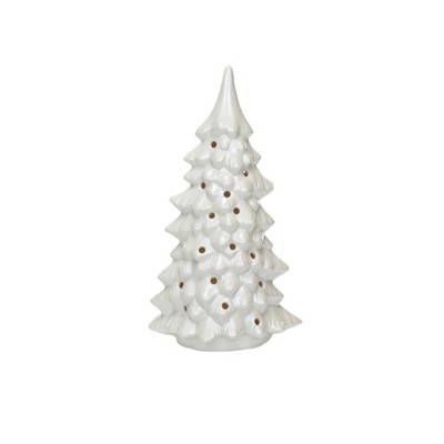 Storied Home Stoneware LED Tree with Cut-Outs and Iridescent Finish, Cream