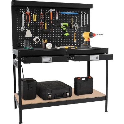 48" Workbench, Metal Steel Tool Storage Work Table, 2 Tier Work Table for Garage with Pegboard, 2 Drawers, Multifunctional Work Bench for Workshop