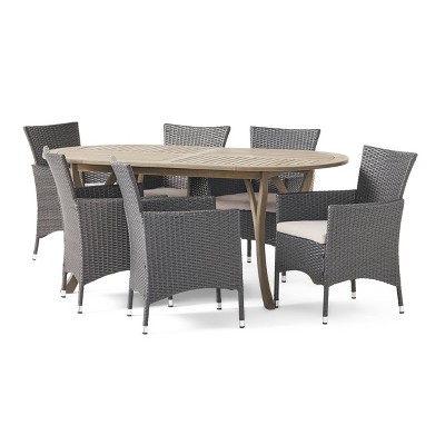 Wyatt 7pc Acacia Wood & Polyethylene Wicker Patio Dining Set - Gray/Beige - Christopher Knight Home: Outdoor Furniture Set with Cushions