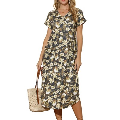 INSPIRE CHIC Women's Floral V Neck Rolled Short Sleeve with Pockets Casual Midi Dress