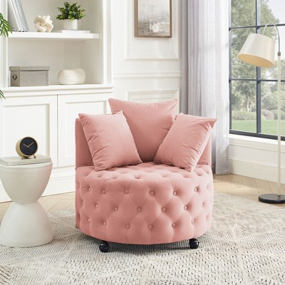 NicBex Modern Velvet Lazy Sofa Chair with Wheels and 3 Pillows, Comfy Swivel Accent Chair for Bedroom, Living Room, Pink