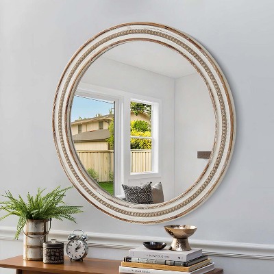 Wooakway 24"H Antique Natural Wood Round Beaded Wall Mirror Rustic Decor for Bedroom Bathroom Living Room