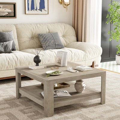 34.45" Engineered Wood Square Coffee Table with Double-Layer Storage and Multi-Functional Design for Living Room, Office, or Study