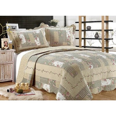 J&V TEXTILES Beige Patchwork Traditional Printed Reversible Premium Quilt Sets (2-or3-Piece)