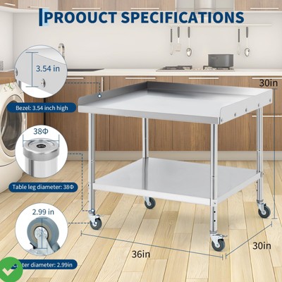 Stainless Steel Equipment Stand with Undershelf 5" Wheels NSF Commercial Prep & Work Table w/ Edge Baffle