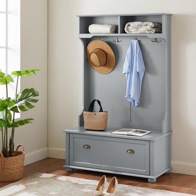 TIRAMISUBEST Modern Classic Hall Tree with Shoe Rack Bench and Coat Hooks for Hanging Storage, Entryway Bench with Open Shelves and Shoe Cabinets