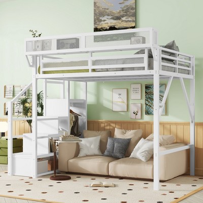 TIRAMISUBEST Full/Queen Size Loft Bed with Stairs, Metal Full Loft Bedframe with Storage Shelves, High Loft Bed with Wardrobe for Kids Teens