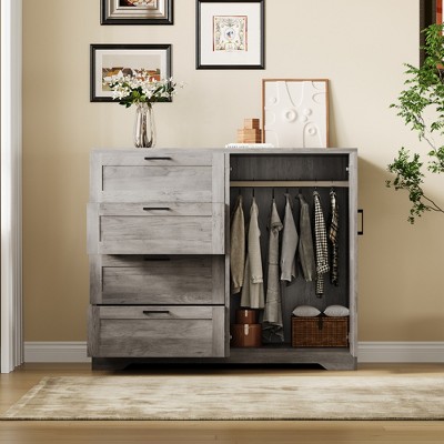 43.3'' H Armoire Wardrobe Closet with 4 Drawers and 2 Doors, Hanging Rod, Multifunctional Wooden Dresser, Bathroom Cabinet for Bedroom