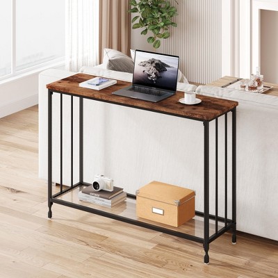 GustoWave Narrow Console Table, 2-Tier Wood Accent Sofa Table Furniture with Glass Shelves, ( 11.8" x 31.4'' x 31.8")