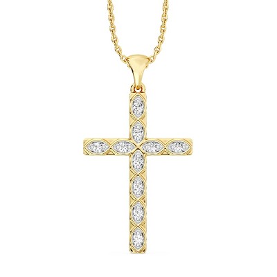 GILDED 1/10 CTTW Lab Grown Diamond Cross Pendant in 14KT Yellow Gold Plating Over Sterling Silver, 18” Chain