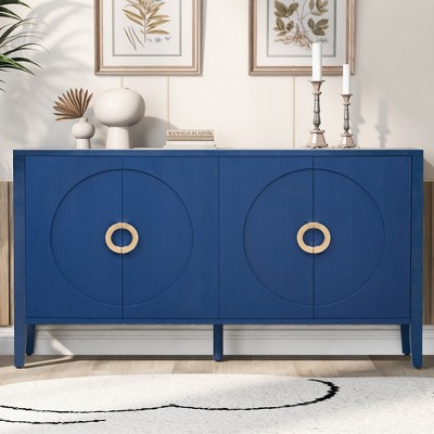 60"W 4-Door Sideboard Storage Cabinet with Textured Finish, Fir Veneer, for Corridor Entrance Living Room Study, Natural/Navy Blue/Black-ModernLuxe