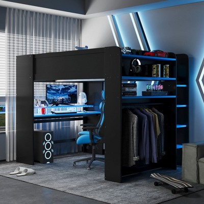 Polibi Full Size Gaming Loft Bed with RGB Light Strip, USB Charging and Storage Space