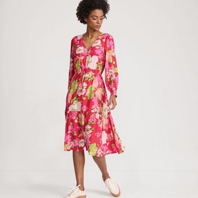 Lands' End Women's Crepe Button Front Long Sleeve Midi Dress