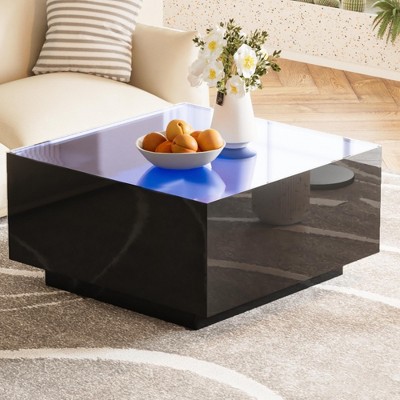 MAYEERTY Coffee Table with 16-color LED, Modern Center Table with Frosted Tempered Glass Top for Living Room, Black, 27.5*27.5in