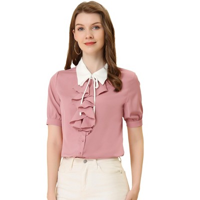 Allegra K Women's Contrast Collar Tie Ruffle Front Button Short Sleeve Work Shirt