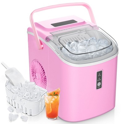Simzlife Countertop Ice Maker with Handle, 26.5Lbs per Day, 9 Bullet Cubes in 6 Mins, Auto-Cleaning Portable Ice Machine with Basket and Scoop,Pink
