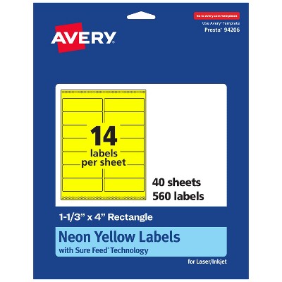 Avery Neon Yellow Paper Labels, 1-1/3" x 4" Rectangle