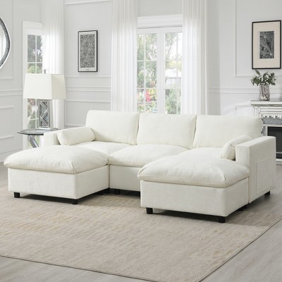 87"W Modular Sectional Sofa 5-Seat U-Shaped Couch Cloud Sofa with 2 Movable Ottoman, Storage Pockets, Pillows, Free Combination, Gray/White-ModernLuxe