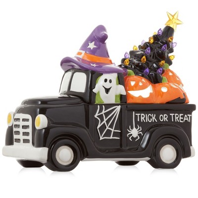 Casafield Ceramic Halloween Trick or Treat Truck, Hand Painted 11-Inch Pre-Lit LED Jack-o-Lantern Black Truck Tabletop Decor