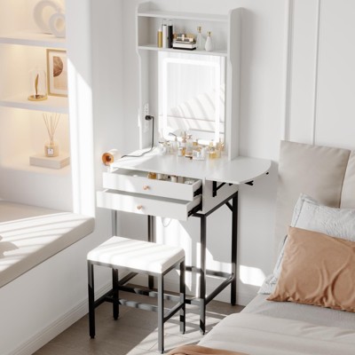 Makeup Vanity Desk Set with Mirror,Mini Makeup Vanity with Adjustable Lighted,2 Drawers,Hair Dryer Holder,Fold-Up Panel,for Small Bedrooms,Apartments