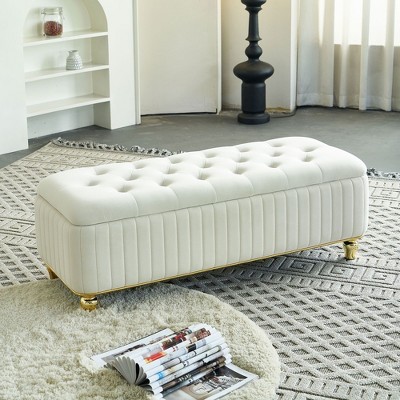 CAVINAS Storage Ottoman Bench, Upholstered Velvet Fabric Storage Ottoman with Safety Hinge, Gold Decoration Strip and Gold Embroidery Footstool