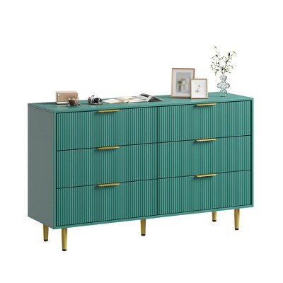 GustoWave 56" Wide Fluted Dresser for Bedroom with 6 Drawers, Wooden Chest of Drawers with Metal Handle & Feet,for Living Room,Bedroom