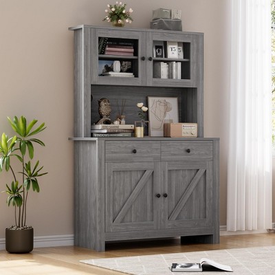 Jojoka Kitchen Pantry Cabinet with Microwave Stand, Freestanding Hutch Cabinet with Buffet Cupboard, Tall Kitchen Cabinets with Adjustable Shelves