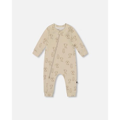 Deux par Deux Boy Organic Cotton Zipped Romper Beige Puppy Print