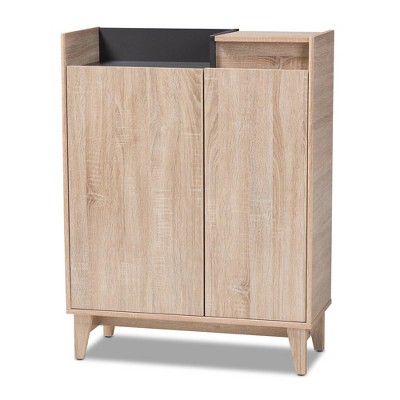 Fella Two-Tone Oak and Entryway Shoe Cabinet with Lift Top Storage Compartment Brown - Baxton Studio: Engineered Wood, 4 Shelves, Mid-Century Legs