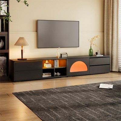 MOEPISY Modern TV Stand with Fluted Glass Door for TVs Up to 100 inch, Media Console with Sliding Door & 2 Drawers, Black