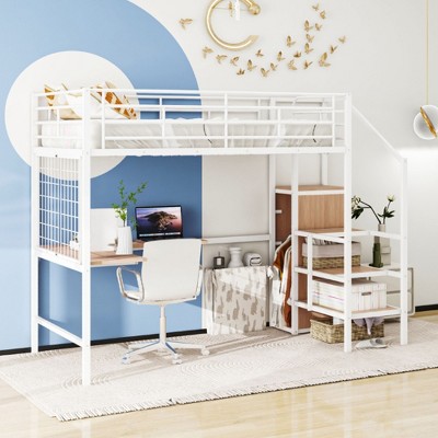 CAVINAS Full Size Bed with Desk and Metal Grid, Full Frame Bed with Lateral Storage Ladder and Wardrobe, Metal Loft, Stylish Metal, White