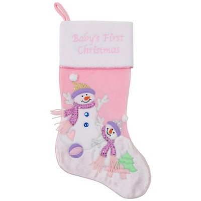 Northlight 21" Light Pink Baby's First Christmas Velveteen Snowmen Christmas Stocking