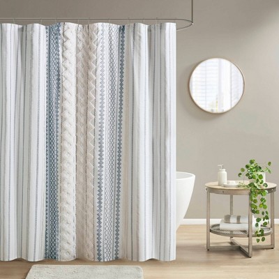Ink+Ivy Imani Cotton Print Elegant Soft Shower Curtain with Chenille Navy Blue/White: Mid-Century Modern, Machine Washable, Buttonhole Top
