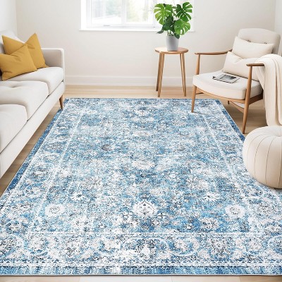 Boho Floral Area Rug, Non-Slip, Washable, Stain-Resistant Low Pile for Living Room/Bedroom/Kitchen