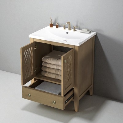 24" Bathroom Vanity with Sink, Freestanding Vanity with Rattan Doors and Drawer, Solid Acacia Wood & MDF with Ceramic Top