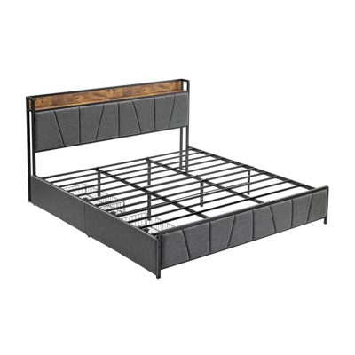 Linen Upholstered Bed Frame with Storage Headboard and 2 Drawers, Platform Bed with Built-in Charging Station, Heavy Duty, No Box Spring Needed