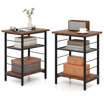 Tangkula 2PCS 3-Tier Side End Table w/ Adjustable Mesh Shelf Narrow Nightstand