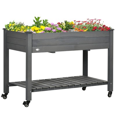 Outsunny 47" x 21" Raised Garden Bed, Elevated Wooden Planter Box w/ Lockable Wheels, Storage Shelf, and Bed Liner for Backyard, Patio