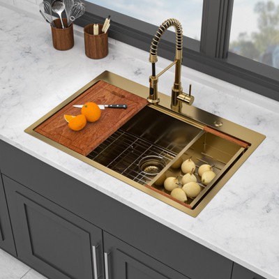 33in Drop in Gold Kitchen Sink - 33*22 inch Kitchen Sink Drop-in Topmount Single Bowl 16 Gauge Stainless Steel Ledge Workstation Kitchen Sinks