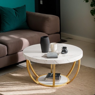 Hommoo Wooden Coffee Table, 2-Tier Round Central Cocktail Table with Shelves