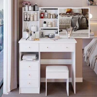 Vanity Desk with Sliding Mirror and Cushioned Stool,Makeup Dressing Table Set with Storage Drawers for Bedroom-The Pop Home