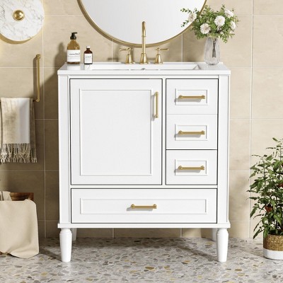 Whisen Traditional 30" Green Bathroom Vanity Set, Floor Standing, with Three Drawers, Long Gold Metal Handles