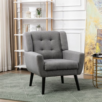 Okak Soft Linen Accent Chair Button-Tufted Living Room Chair with Upholstered Armchair with Black Wood Legs Ergonomics for Bedroom