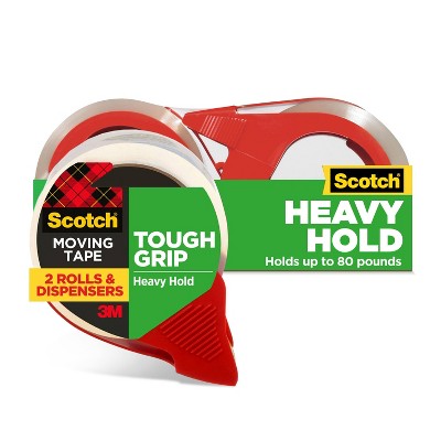 Scotch 2ct Tough Grip Moving Tape with Dispenser: Clear Packing Tape for Moving Supplies & Boxes, 1.88" x 1375"