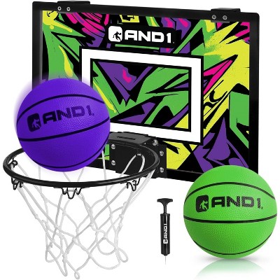 AND1 Over the Door Mini Basketball Hoop: 18x12 Shatterproof Backboard, 2 Mini Basketballs, and Hand Pump Included - Ultimate Indoor Accessory
