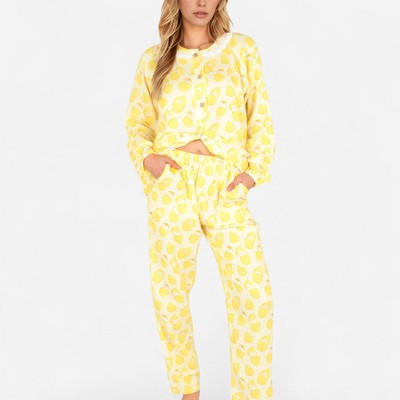 Anna-Kaci Lounge Women's Lemon Print Long Sleeve Pajama Set with Ruffle Trim Button Top and Relaxed Fit Elastic Waist Pants