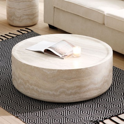 Marble Fiberglass Coffee Table,Modern Design, Sturdy Construction, Large Storage Space,Modern Drum Coffee Table for Small Space-Cuddlewood